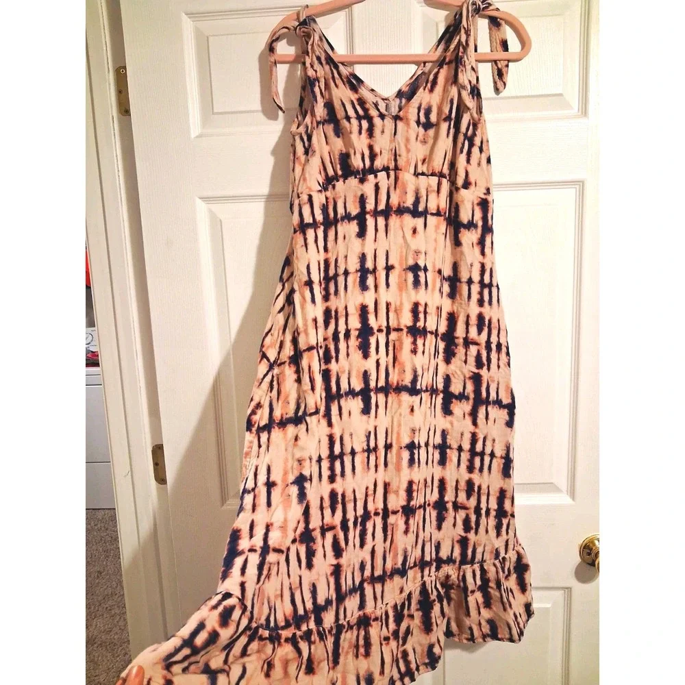 Boho 100% Cotton Tie Dye Midi Dress Tie Shoulder Ruffle Hem Fall Layering Small
